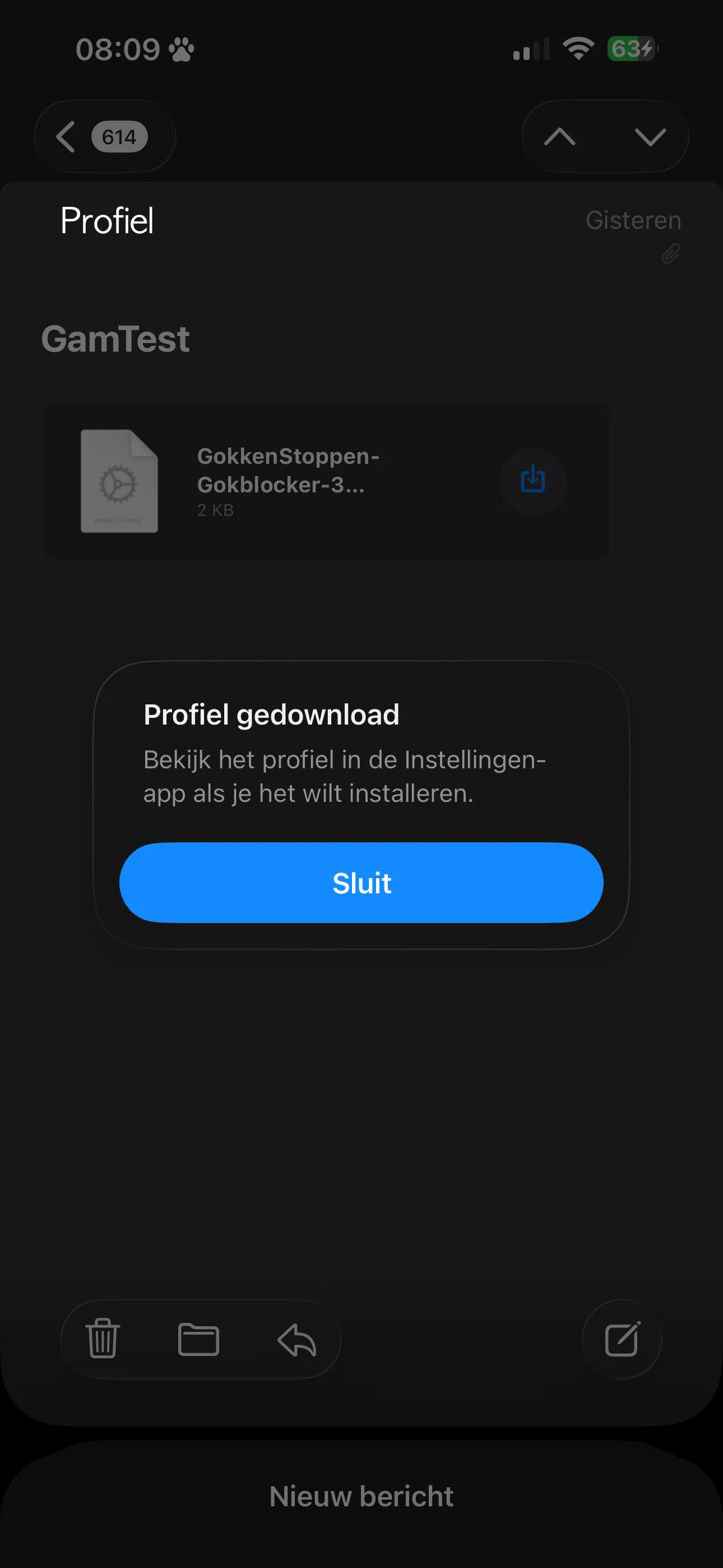 Profiel gedownload melding